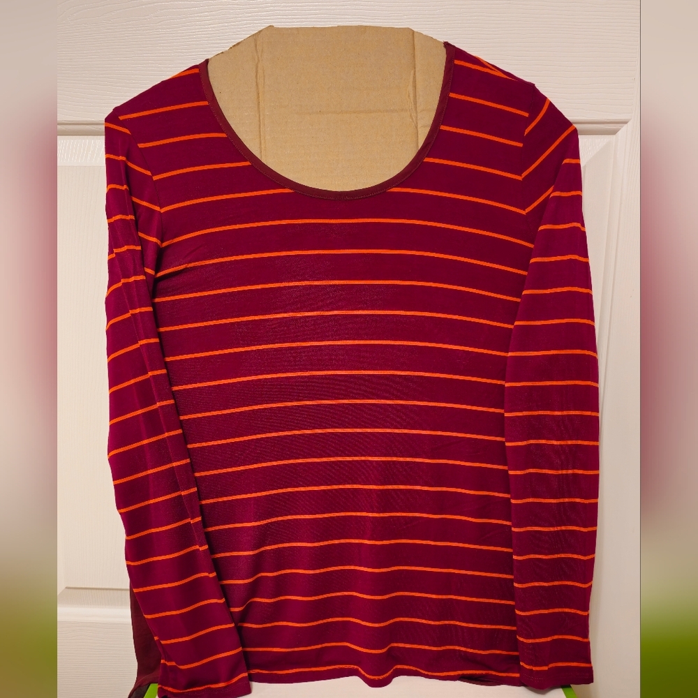 Bordeaux Maroon and Orange Striped Long Sleeve Top, Size Medium